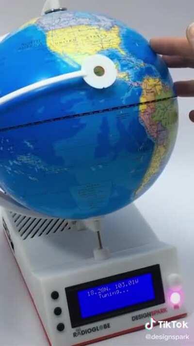 This radio plays radio stations from wherever the white stick triangulates on the globe