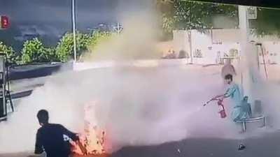 Motorbike catches on fire