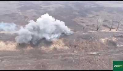 A Russian MT-LB runs over a mine near the Novomikhailivka village. One of the occupants is subsequently bombed by a drone drop munition after they abandon the vehicle [Published 22/12/2023]