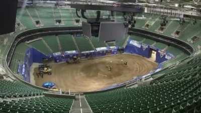 Timelapse changing a basketball arena into a monster truck event (and back)