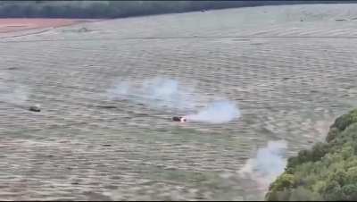 Russian assault by 3 BTR-82's in the Kursk region, infantry are seen ducking down most likely due to return fire. Deceptive cut, October 2024.