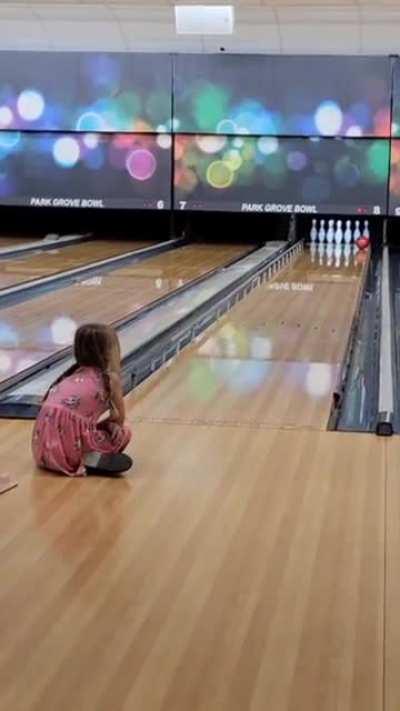 My daughter's first attempt at bowling without a ramp, was a huge success...