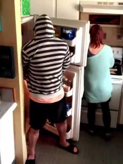 Refrigerator prank on girlfriends.