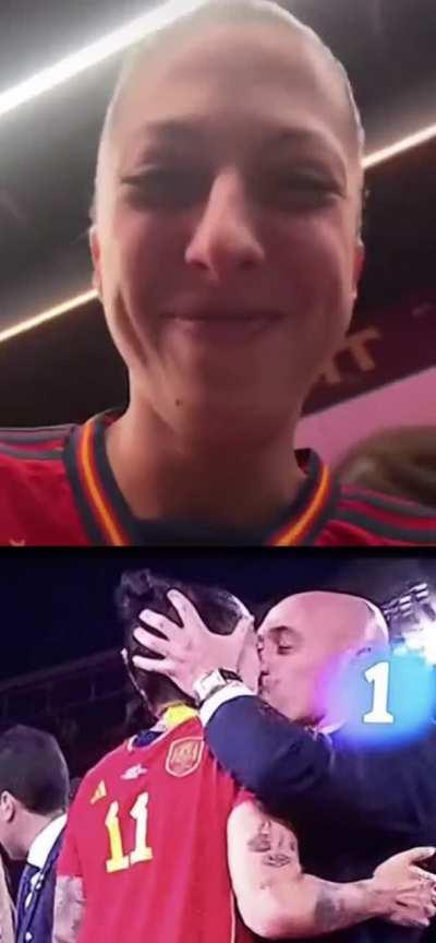 Spanish player Jenni Hermoso after being forcefully kissed on the lips by Spanish FA president Luis Rubiales during the trophy presentation 