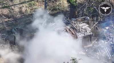 Russian soldiers around a wounded comrade freeze up after hearing a drone, moments later the FPV drone hits near one of the soldiers causing fatal injuries. Video by the Strike Drone Company (47 OMBr).