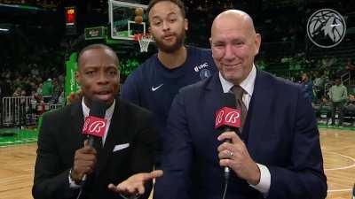 [Highlight] Kyle Anderson was goofin around behind Wolves Broadcast team during warm ups