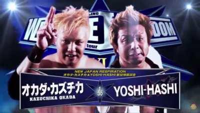 [NJPW] In light of their upcoming match tonight on Day 6 of G1 Climax 31, here’s a look back at a certain match graphic of YOSHI-HASHI vs Kazuchika Okada from Wrestle Kingdom 6 In Tokyo Dome, when they wrestled in their first match back from excursion.