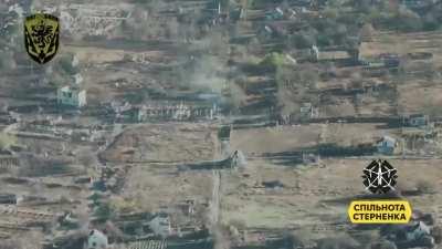 Ukrainian FPV drone from the 'Grifon' unit of the 501st Marine Battalion with a direct strike on a group of Russian infantry on the left bank of Dnipro river, Kherson region. 12/11/2023