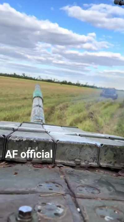 Ukrainian tanks on the move along a treeline.