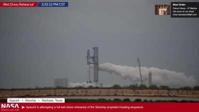 Super Heavy Booster produces monster methane vent plume during propellant loading top-off (from today's full wet dress rehearsal)