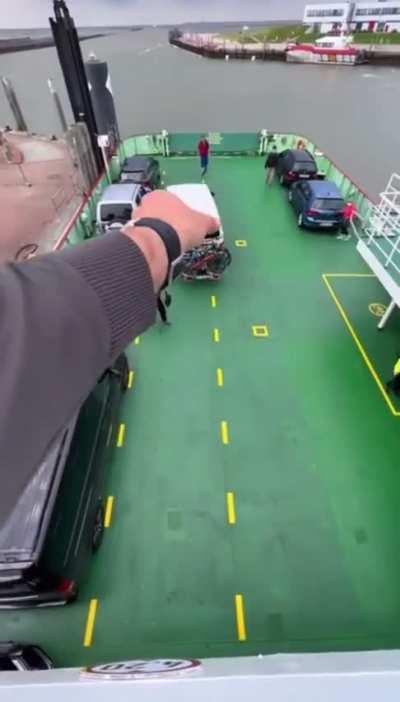 Having a little fun while parking cars on a ferry