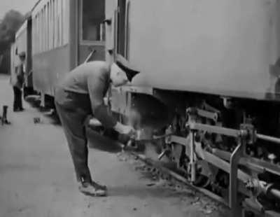 1930's quarrie workers ride the rails with this device while returning from work