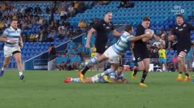 All Blacks' Beauden Barrett with outrageous attack skills and offload pass to set-up Luke Jacobson for a try