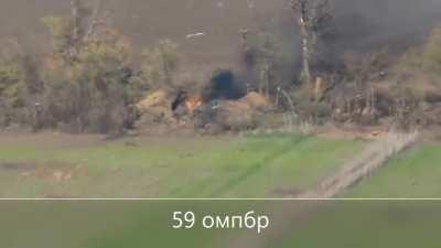 Russian armor firing from a treeline is spotted and hit by the UA 59th Drone and Artillery Brigade, resulting in total loss of the vehicle - Donbas Front, Ukraine