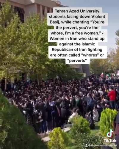 Iranian female students at Tehran Azad University facing brutal Basij chant “You’re the pervert, you’re the whore, I’m a free woman.” Women in Iran who are fighting for their rights are often called “whores” or “perverts”