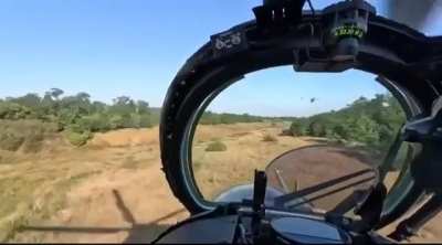 A pair of Ukrainian Mi-24 attack helicopters fly towards the front at very low altitude, September 2024. This technique makes the aircraft immune to enemy anti-aircraft defenses until the exact moment of attack, but exposes it to terrain hazards such as p