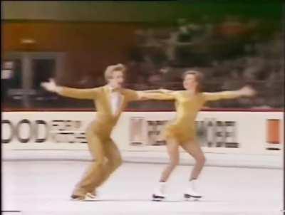 Torvill and Dean free-skating to the overture of MACK AND MABLE at the 1982 European Figure Skating Championships.