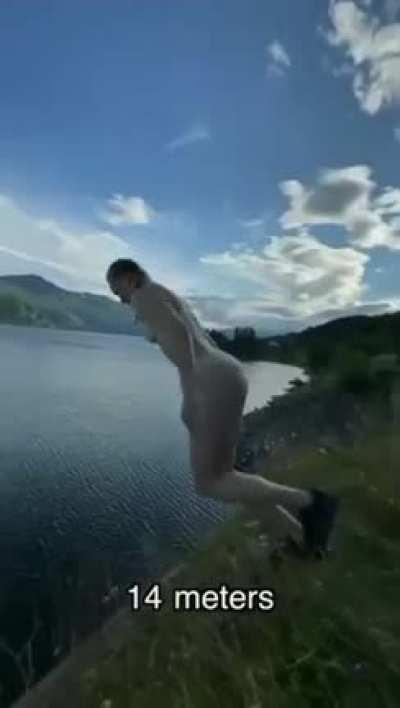 Girl jumps/flops from progressively higher platforms into bodies of water