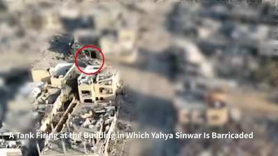 IDF tank fires at the building in which Yahya Sinwar was barricaded [October 2024]