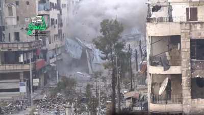 FSA &quot;Hell Cannon&quot; strikes on Syrian Army controlled buildings - Saif al-Dawla Neighborhood, Aleppo - 12/4/2014
