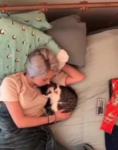 cat and her owner in bed all day long time-lapse