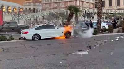 Man pulled from burning car on Las Vegas strip only moments before it burst into flames