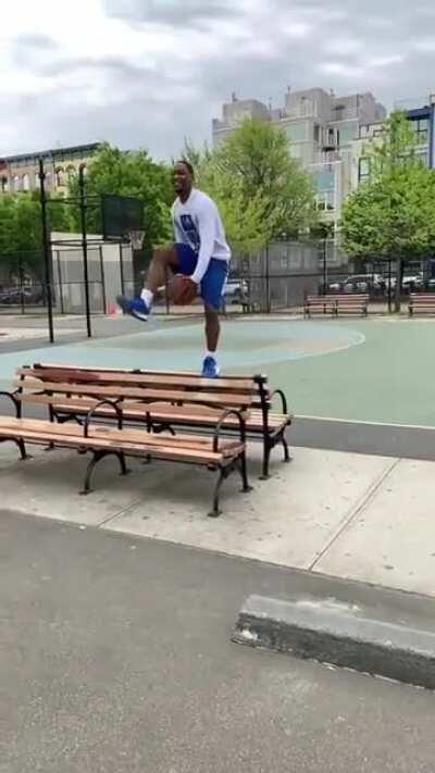 Double between the legs left hook while stepping over a park bench, nothing but net.