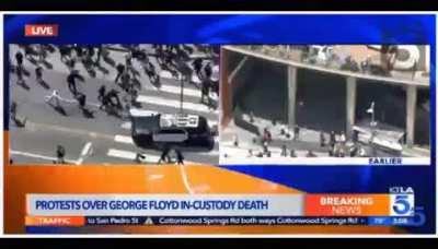 LA cop car rams protester on live TV chopper camera