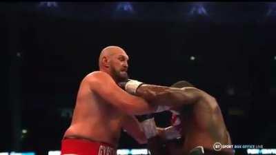 Tyson Fury finishes off Dillan Whyte in the sixth round at Wembley.