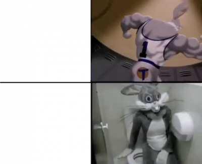 A buffed bugs bunny vs a scary cosplay in a toilet