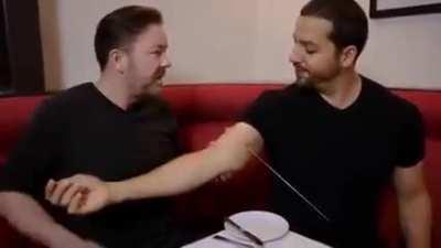 Ricky Gervais reaction to David Blaine's trick &quot;icepick through arm&quot;