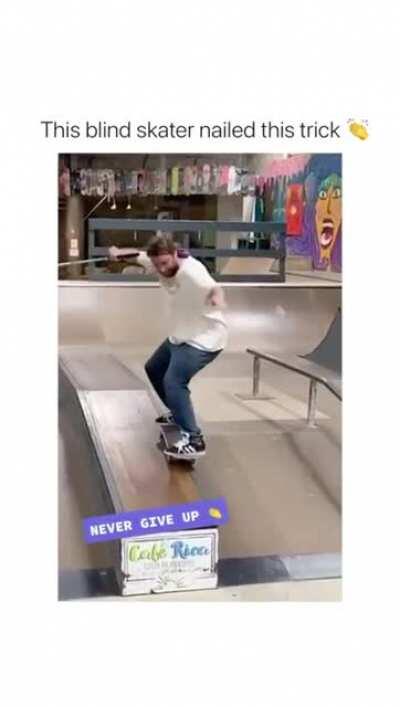 Blind man performs skate trick