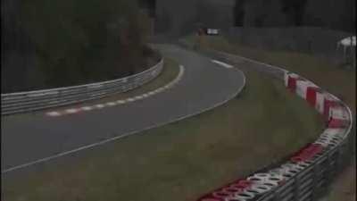 Nissan GT-R Nismo GT3 takes flight, tumbles over and leaves the track, flipping in a spectator area, injuring 10 and killing 1 person. Nürburgring, 2015.