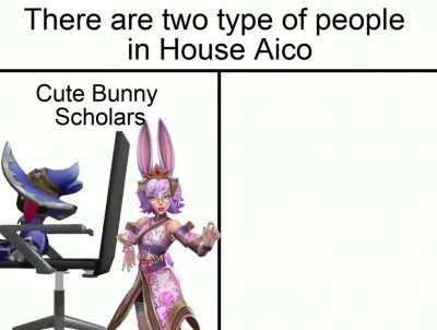 House Aico seeing a human with bunny ears: 😊. House Aico seeing the exact same person but with horns: 😠😠😠🔪🔪🔪