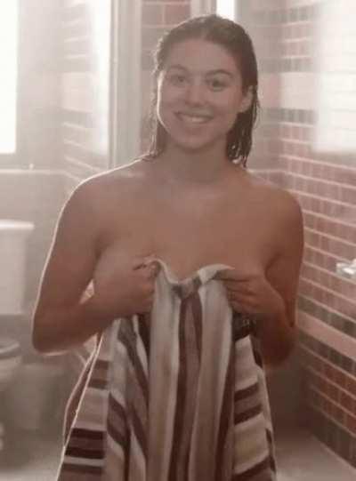 Kira Kosarin barely behind a towel