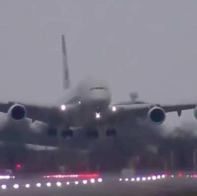 A380 landing in a heavy crosswind