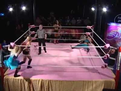 Bayley dropkicked downstairs by Taylor Made