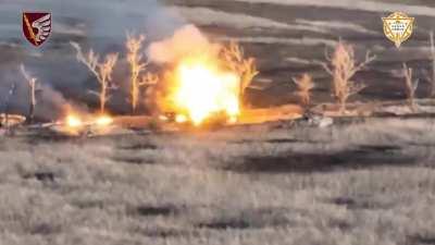 The Perun Group of the Ukrainian 79th Brigade destroys abandoned Russian AFV's on the road to Novomykhailivka [Published 27/01/2024]