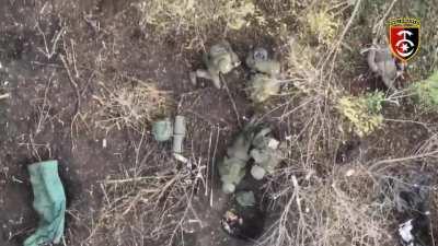 A drone from the 30th mechanized brigade dropping grenades on Russian infantry