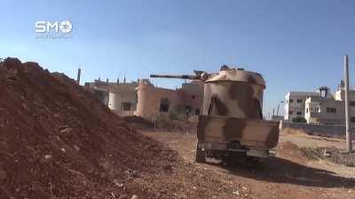 Toyota mounted BMP-1 turret uses its coaxial MG to engage Syrian Army positions in Daraa - 2015