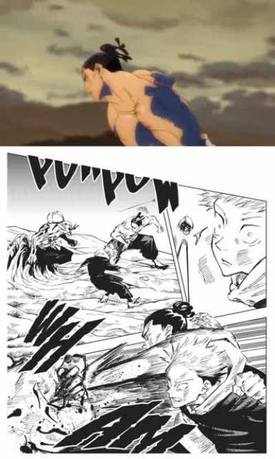 Yuji and Todo vs Hanami (anime and manga side by side)