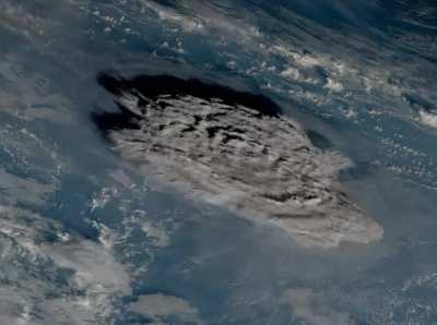 The tonga underwater volcano eruption as seen from satellite.