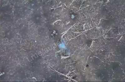 4 russian soldiers trying to enter a trench are hit by 2 drone dropped munitions