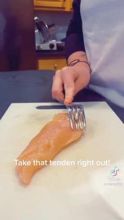 Removing that chewy chicken tendon in a breast