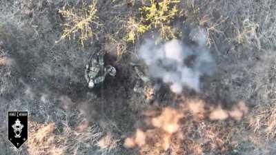 Ukrainian Drone Grenade Drops on Russian Infantry. By 1st Assault Battalion, 92nd Assault Brigade. Ukraine, Bakhmut Direction, 2024.