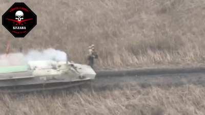 Russian mt-lb is intercepted and destroyed by fpv drones. Donetsk region.