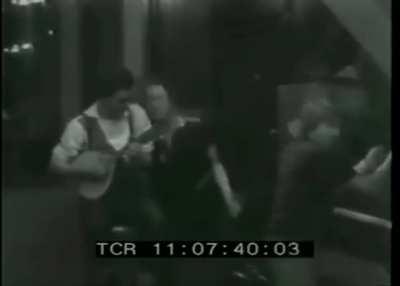 1979, messing around in the studio jamming to New Rose with Joe Strummer on vocals, Captain on ukulele and Rat on spoons. Filmed while The Damned and The Clash were both in Wessex Sound Studios recording Machine Gun Etiquette and London Calling respective