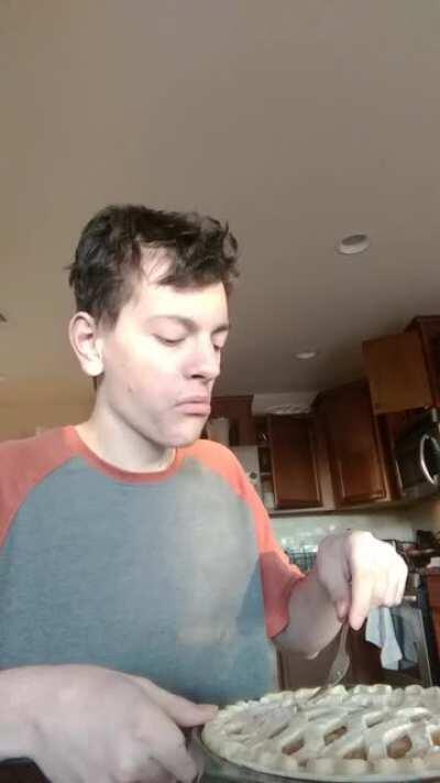 Hey irwin here. Rate my friend shooter eating pie.