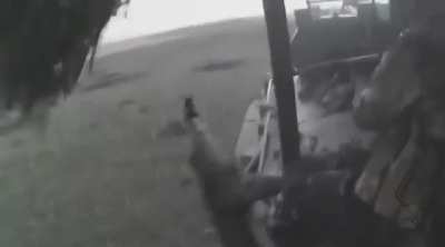 Russian Infantry on a BTR-82 come under heavy artillery fire and drone attacks during a attempted attack on Ukrainian positions. (Music from Source)