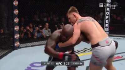 Derrick Lewis gets completely pieced up and almost finished by Alexander Volkov for the entire match... and then just viciously knocks Volkov out anyway.